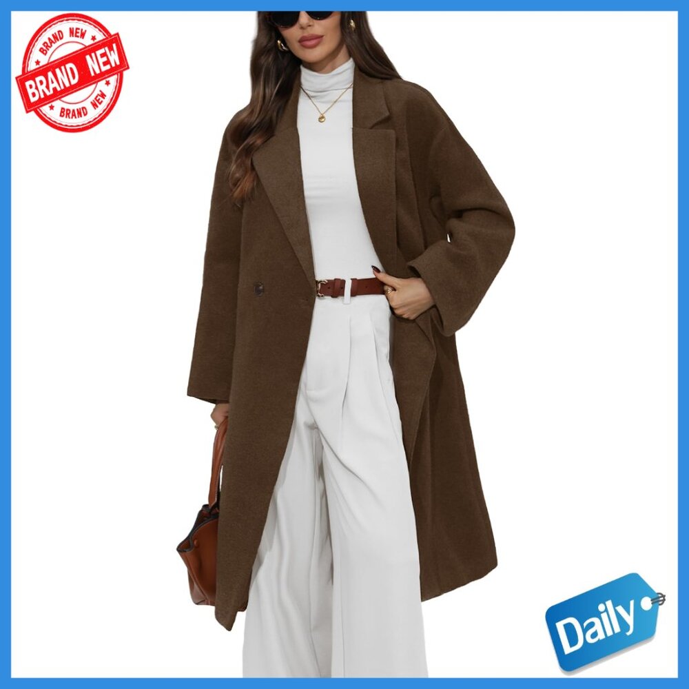 Wool Blend Peacoat Long Winter Coat Double Breasted Notch Lapel Knee Length